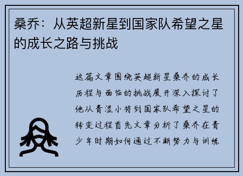 桑乔：从英超新星到国家队希望之星的成长之路与挑战